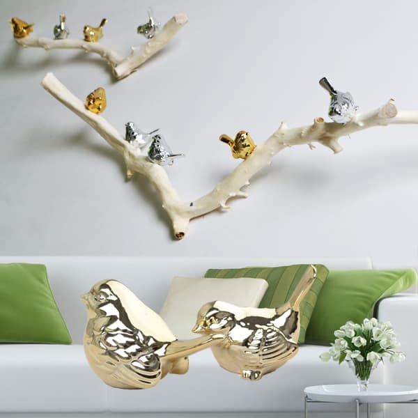 Natural Branch Three-Dimensional Wall Decoration, Creative Modern Home Living Room Wall Hanging, Electroplated Bird Ornament