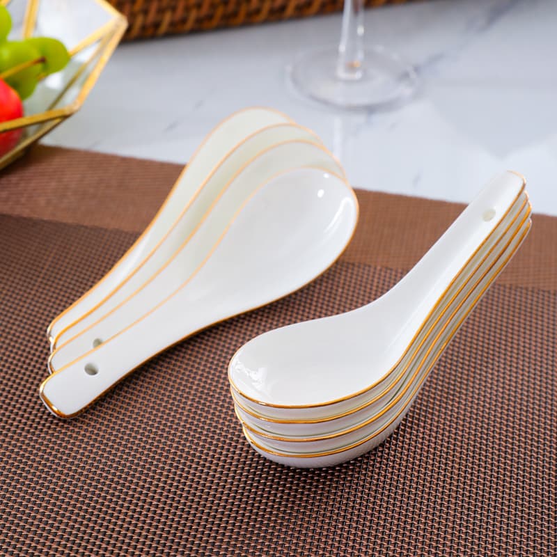 Bone China Small Soup Spoon Ceramic Rice Spoon Household Children's Adult Spoon Gold-Rimmed Creative Spoon Long Handle Cute Spoon Set