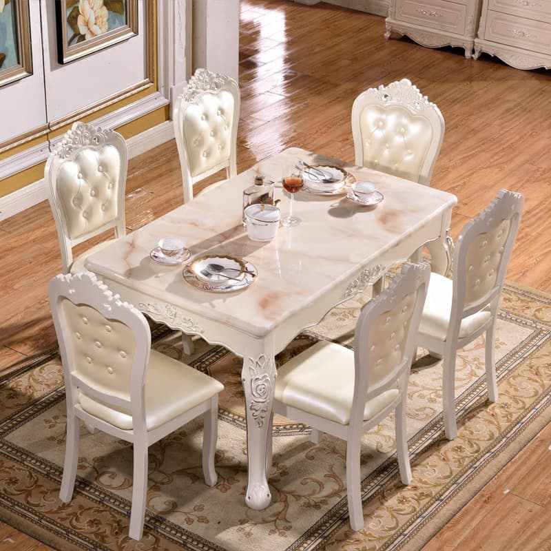 European Marble Dining Table and Chair Combination Rectangular 1 Table 6 Chairs Home Modern Simple Small Apartment Dining Table Solid Wood Table