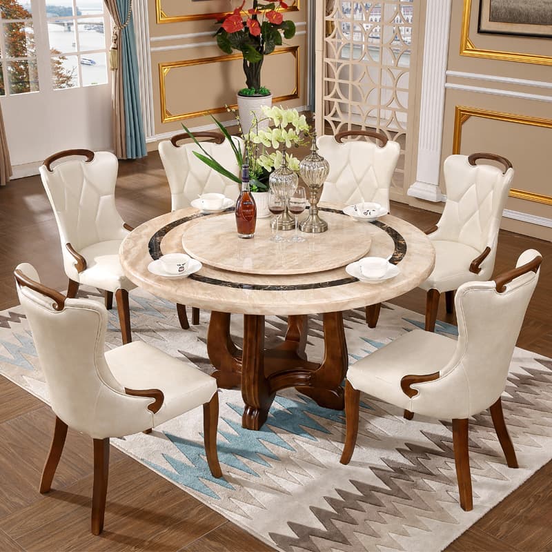 European Marble Dining Table and Chair Combination Marble Countertop Round Table Round Dining Table with Turntable Home Dining Table Large Round Table