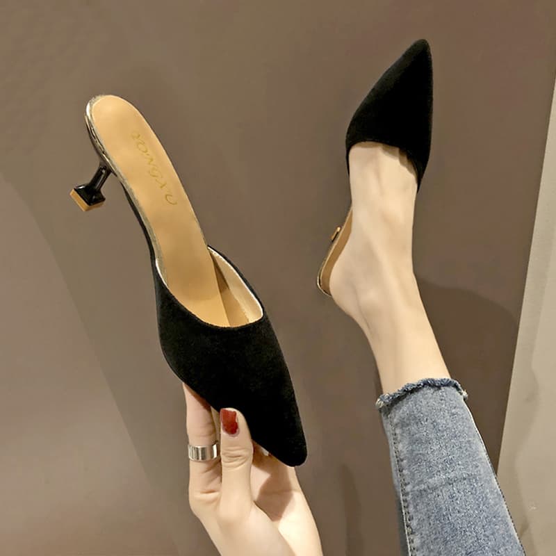 2025 New Fashionable Versatile Closed-Toe Slip-On Backless Half-Slippers for Women, Summer Kitten Heel High Heels, Fitting Shoes