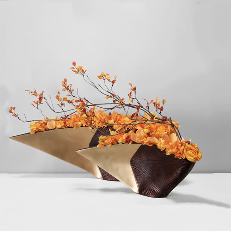 Nordic Resin Gold and Red Vertical Fan-Shaped Vase Modern Light Luxury Chinese-Style Artificial Green Plant Flower Arrangement Desktop Ornament