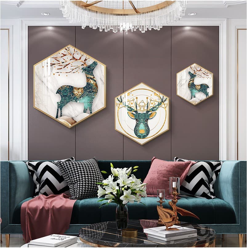 Scandinavian Accessible Luxury Elegant Living Room Decorative Painting Bring In Wealth and Treasure Deer Creative Hexagonal Sofa Background Wall Restaurant Painting