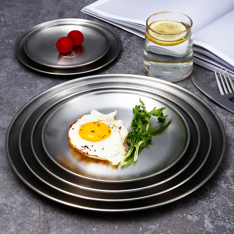 Korean Style Stainless Steel Round Barbecue Plate Restaurant thickened Flats Plate Buffet Fruit Plate Popular Cake Shallow Plate