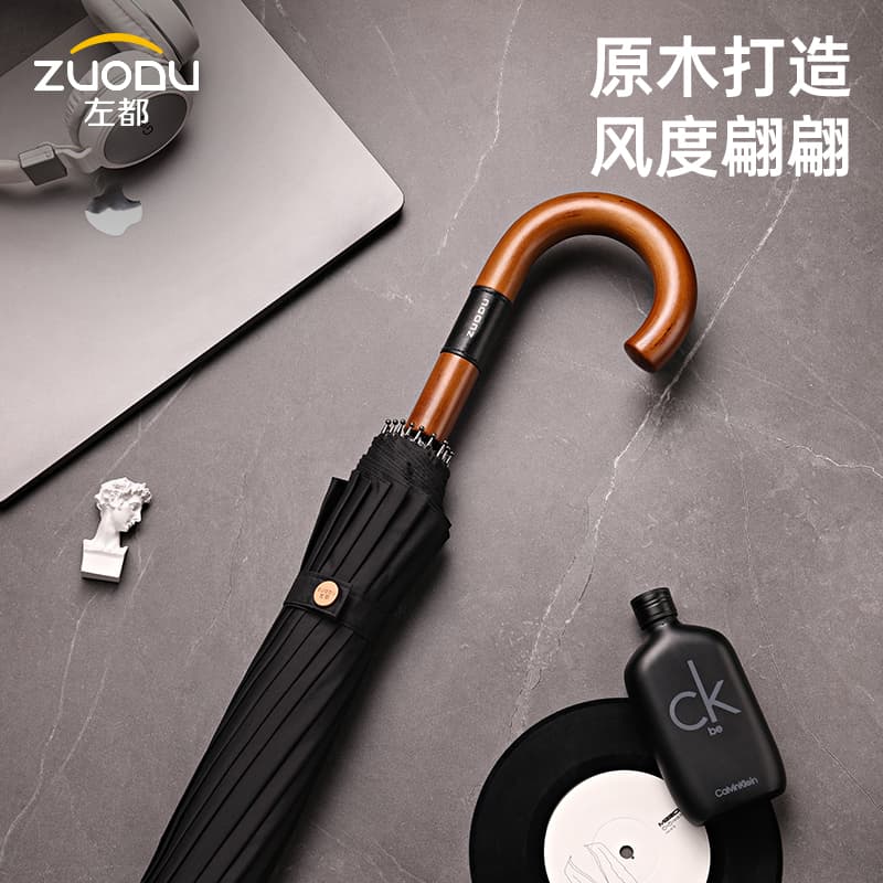 Left-Hand Wooden Handle Long Straight Black Umbrella, Extra Large, Reinforced, Thickened, Storm-Resistant, Automatic Umbrella for Men, Household Use, Double
