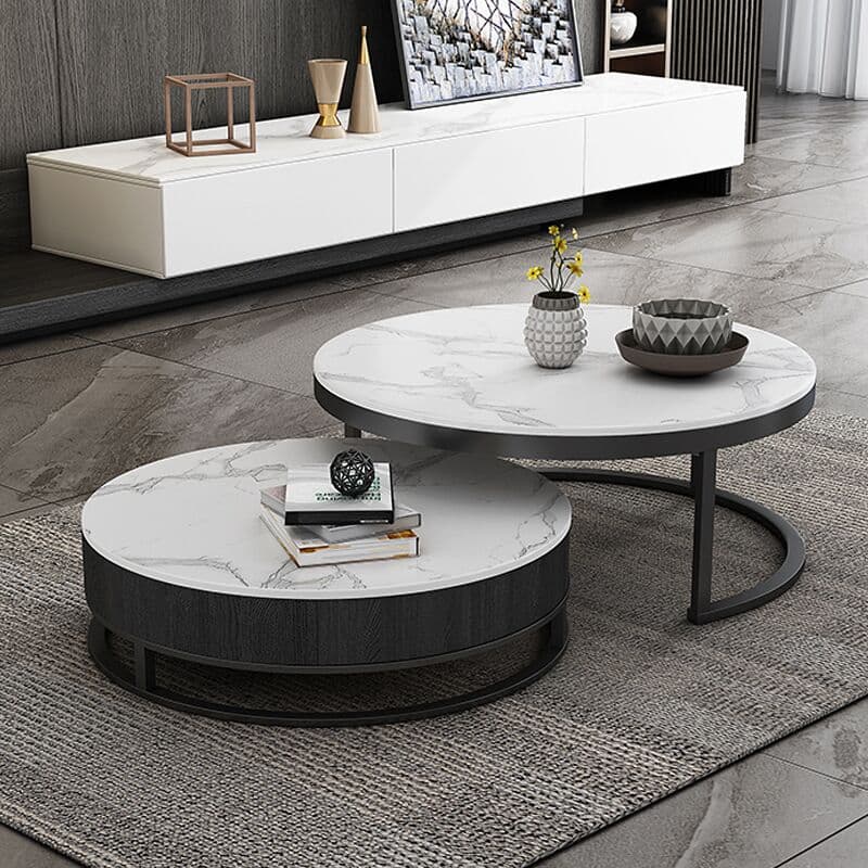 Rock Plate Round Coffee Table Italian For Home Small Apartment Modern Minimalist Scandinavian Retractable Marble TV Cabinet Combination