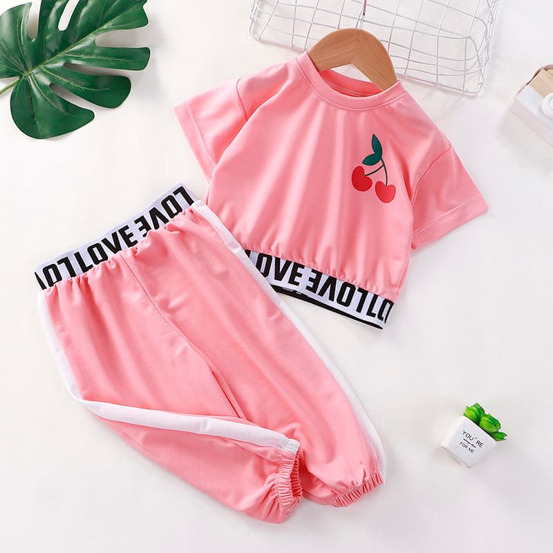 Girls' Short-Sleeved Suit, Kidsren's Stylish Suit, Navel-Baring Summer Dress, New Style Baby Fashionable Mid-Sleeve Two-Piece Set