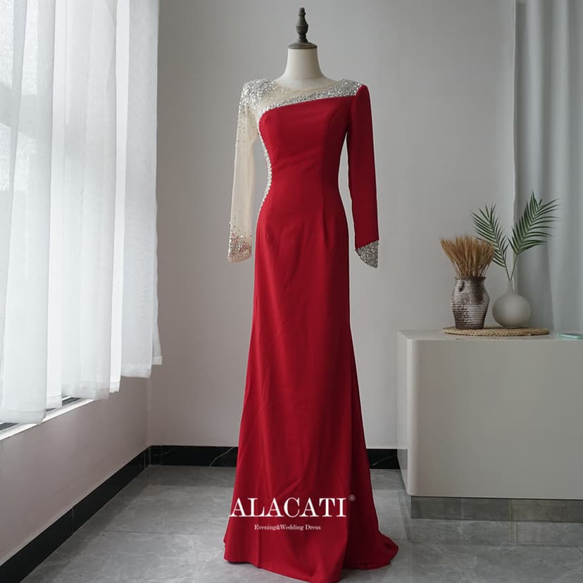 2021 New Alacati Long-Sleeved Red Simple Slim-Fit Evening Dress Fishtail Bridal Toast Dress Performance Host