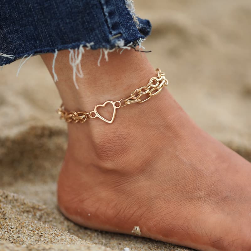 Ankle Chain Jewelry, Chain Heart Anklet, Minimalist Style Gold Alloy Double-Layer Anklet