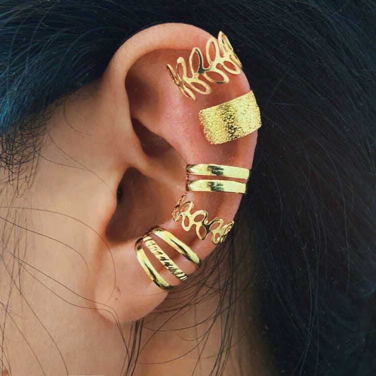 Earrings Women Gold Non-Pierced Ear Cuff Four-Piece Set Metal Star Hollow C-Shaped Ear Cuff Set