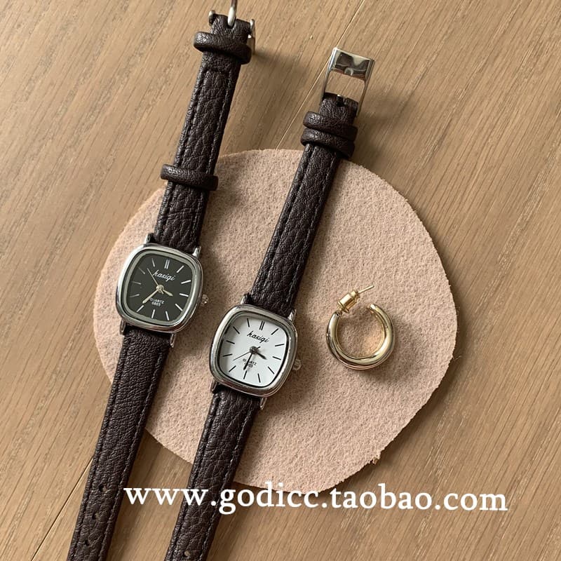 Retro Literary Watch for Women, Korean Style, Simple and Elegant, ins Style, Square, Compact and Exquisite, Student Pointer-Type Leather Strap Watch