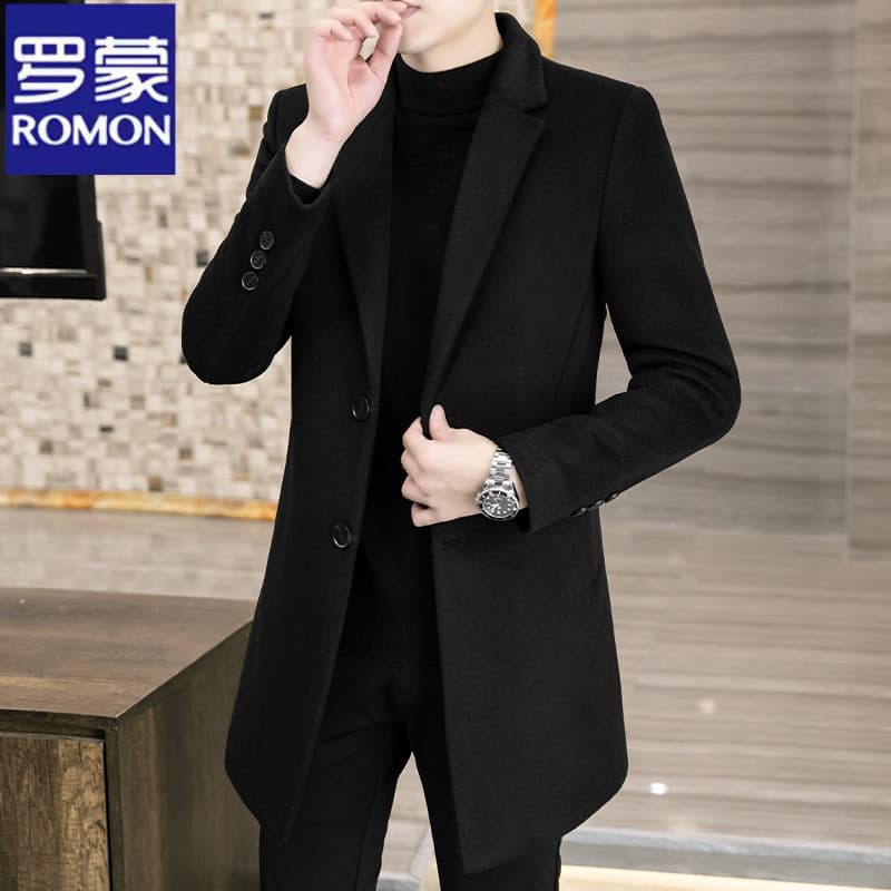 Romon Woolen Coat for Men, Thickened Cashmere Woolen Jacket, Slim Fit Business Mid-Length Casual Youth Trench Coat