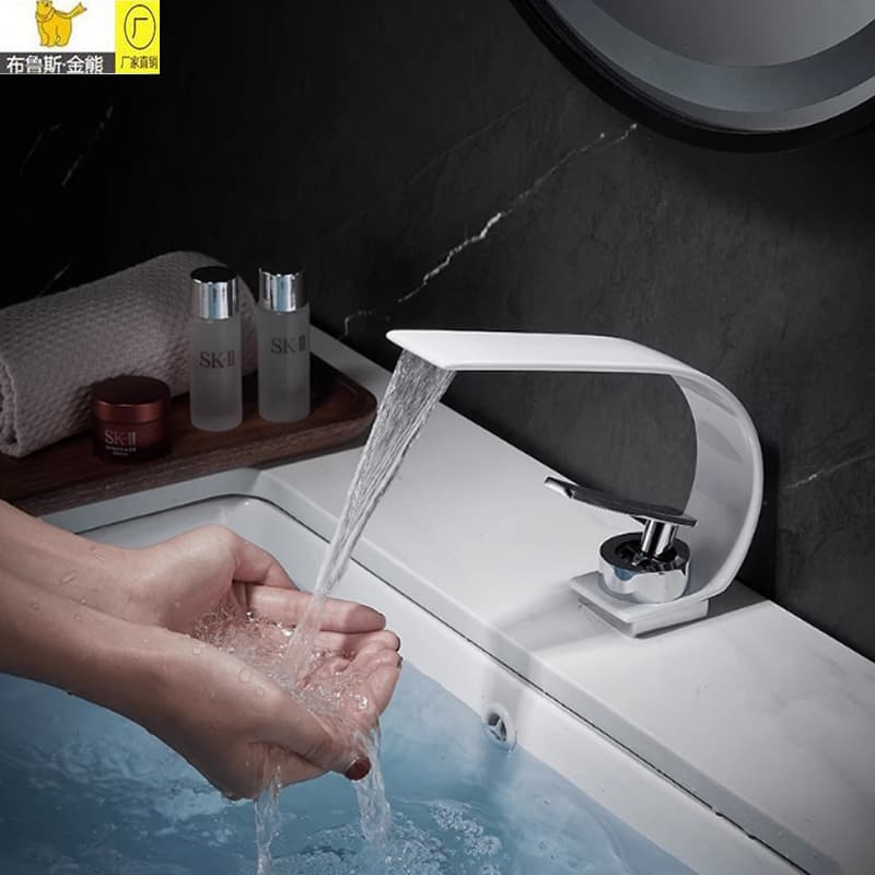 All-Copper White Waterfall Faucet for Hot and Cold Water, Luxury Bathroom Sink, Countertop Basin, Creative Basin Faucet