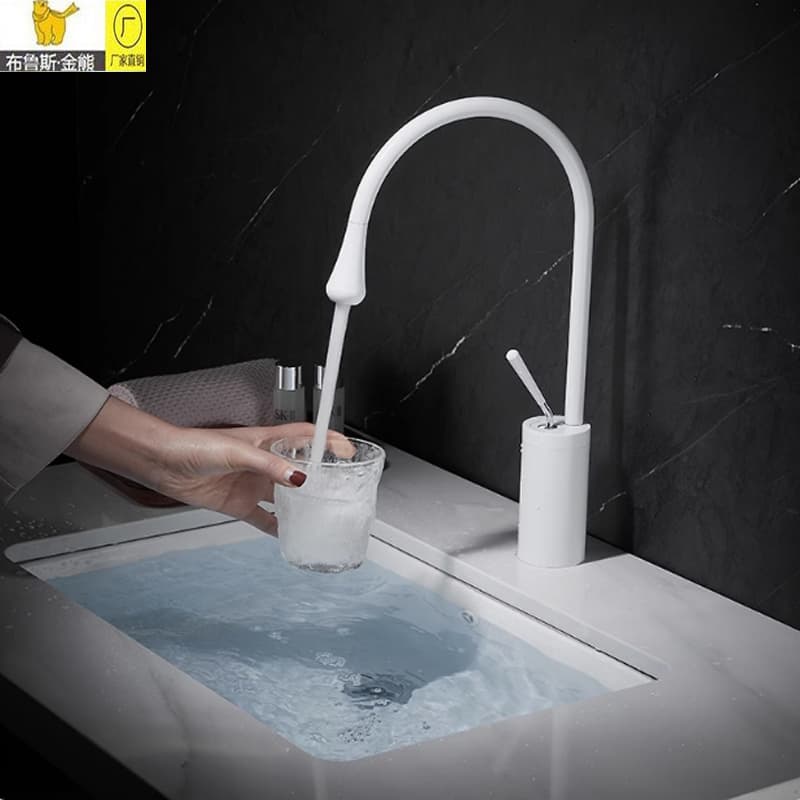 White Light Luxury Creative Hot and Cold Rotating Faucet, All-Copper Household Washbasin Bathroom Cabinet Faucet, Splash-Proof