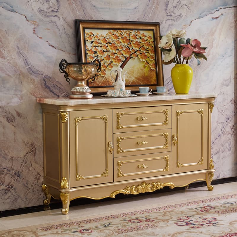 European Style Marble Side Cabinet Solid Wood Carved Champagne Gold Storage Tea Cabinet Restaurant Wine Cabinet Wall Cabinet