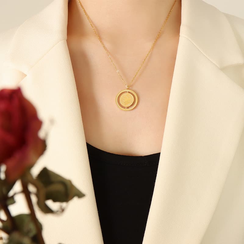 Retro Style Rotate Double-sided Happy Piglet Batch Pattern Ring Necklace Titanium Steel Gold Plated Niche style Fashion Clavicle Chain