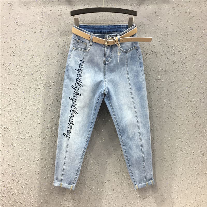 2023 Summer New European Style Women's Trendy Letter Embroidery Patchwork Loose Slimming Cropped Denim Baggy Harem Pants