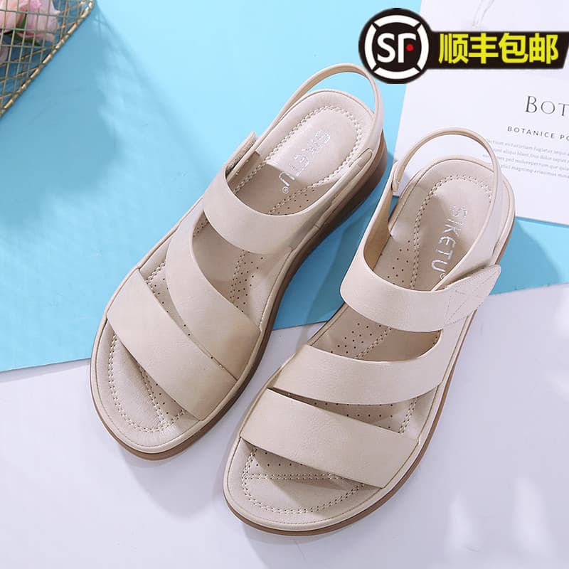 Wedge Casual Sandals for Women 2025 Summer New Large Size Soft Sole Comfortable Versatile Flat Beach Shoes for Pregnant Women and Mothers