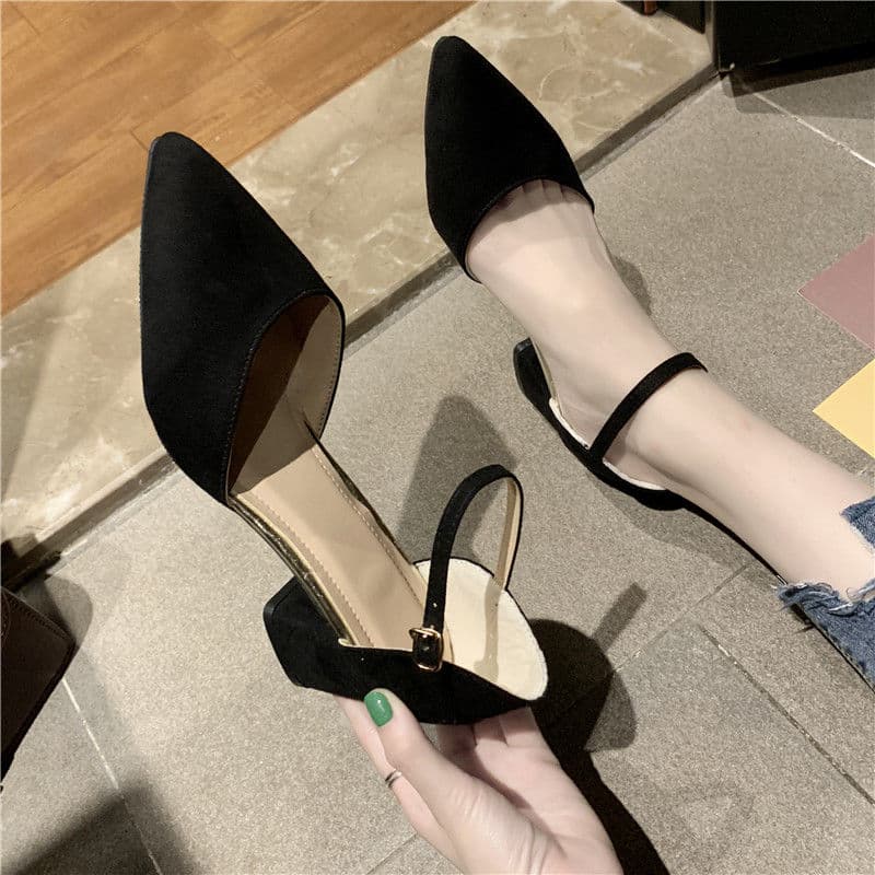 Shoes for Female Students, Korean Style Closed-Toe Flats, Versatile Summer Mid-Heel Pointed Toe Buckle Chunky Heel High-Heeled Sandals for Women