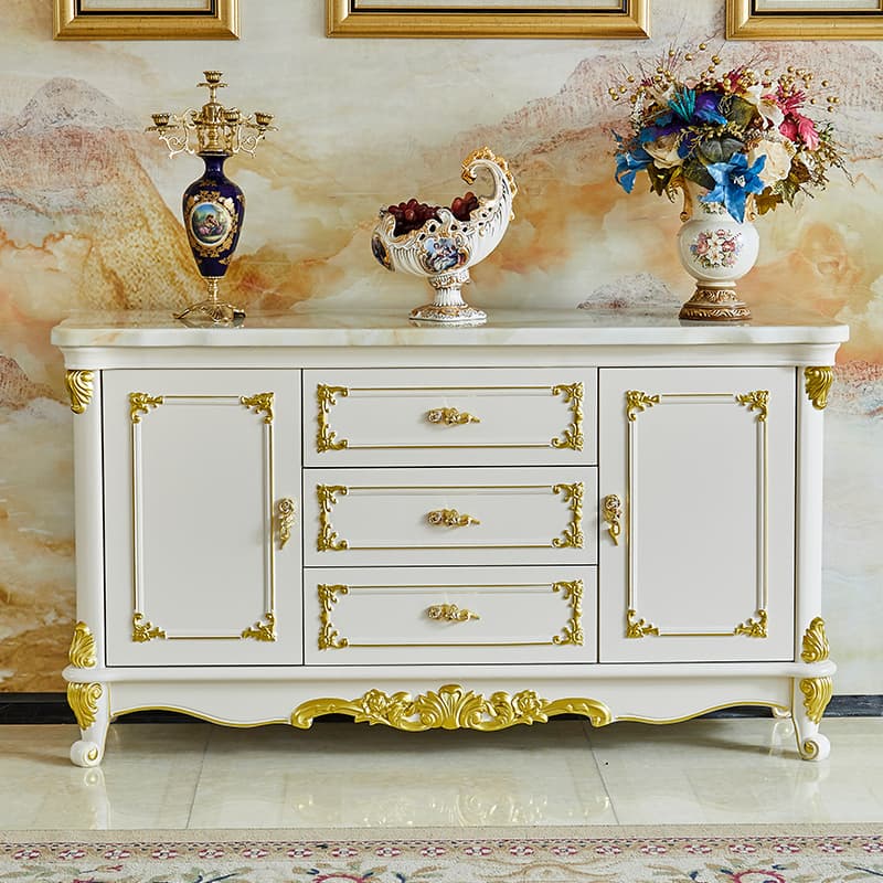 European-Style Marble Sideboard, Solid Wood Carved Ivory White Storage Tea Cabinet, Dining Room Wine Cabinet, Wall-Mounted Sideboard