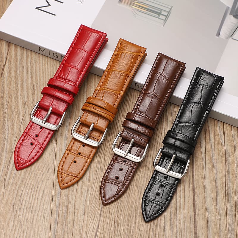 [Genuine Leather Watch Strap] Unisex Genuine Leather Watch Band New Style Watch Strap with Pin Buckle Butterfly Clasp Crocodile Pattern Accessories for Men
