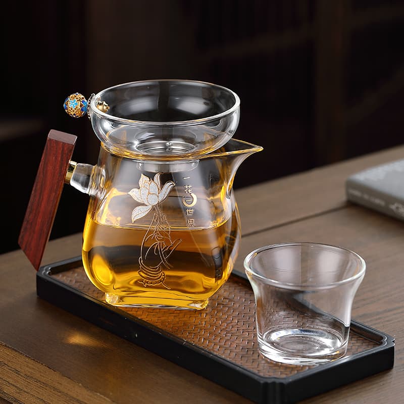 Wooden Handle Fair Cup, Thickened Glass, High Temperature Resistant Tea Divider with Tea Strainer Set, Large Capacity, Large Side-Handle Fair Cup
