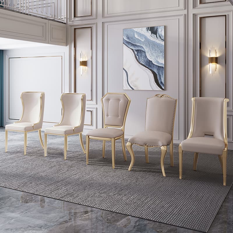 American-Style Light Luxury Solid Wood and Genuine Leather Dining Table and Chairs, Champagne Gold Designer Internet Celebrity Home Use Simple Modern Leather Art Dining Chairs