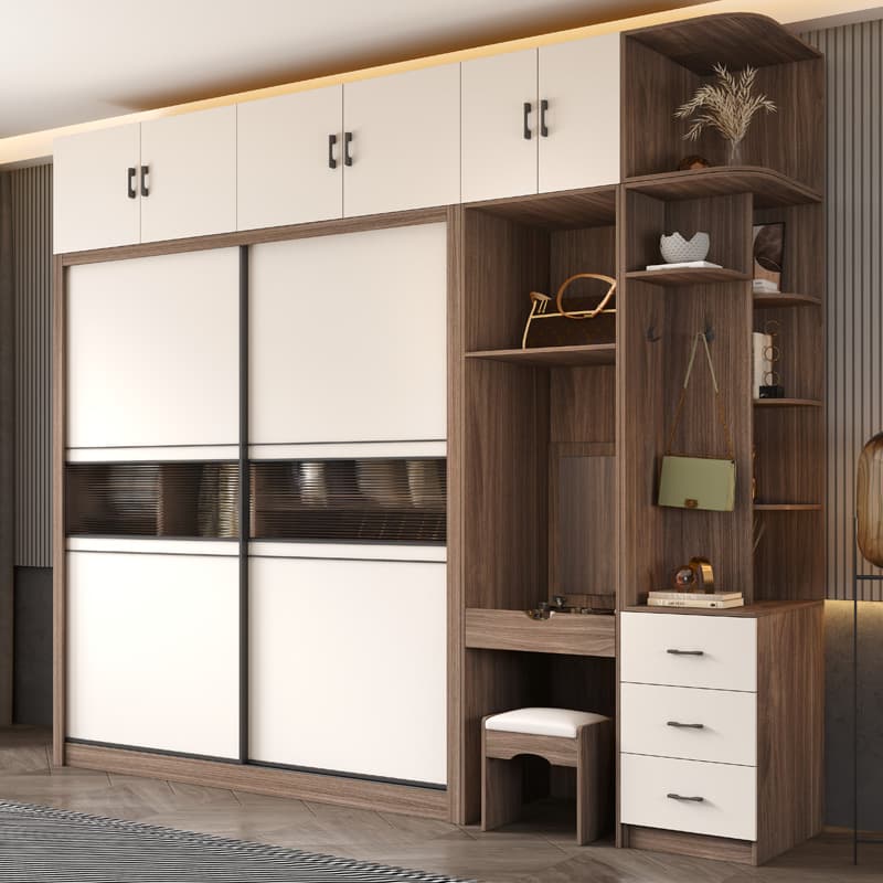 Light Luxury Sliding Door Wardrobe, Simple Modern Sliding Door Wooden Cabinet, Overall Small-Sized Home Bedroom Large Wardrobe