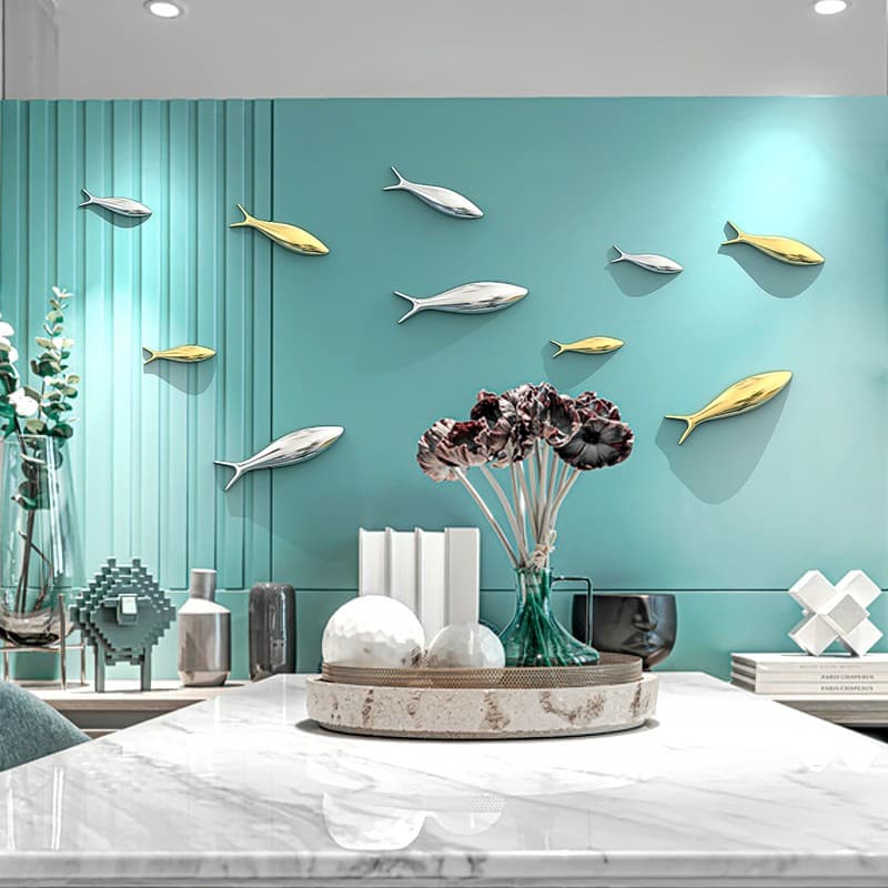 Creative Home Living Room Sofa Tv Background Wall Three-Dimensional Decorative Fish Group Imitation Metal Electroplating Wall Decoration Fish Wall Decoration