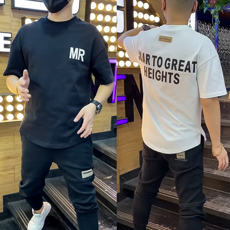 Internet Celebrity Casual T-Shirt for Men, Summer Trendy Loose Round Neck Base Layer Half-Sleeve Unisex Letter Print Short-Sleeve T-Shirt