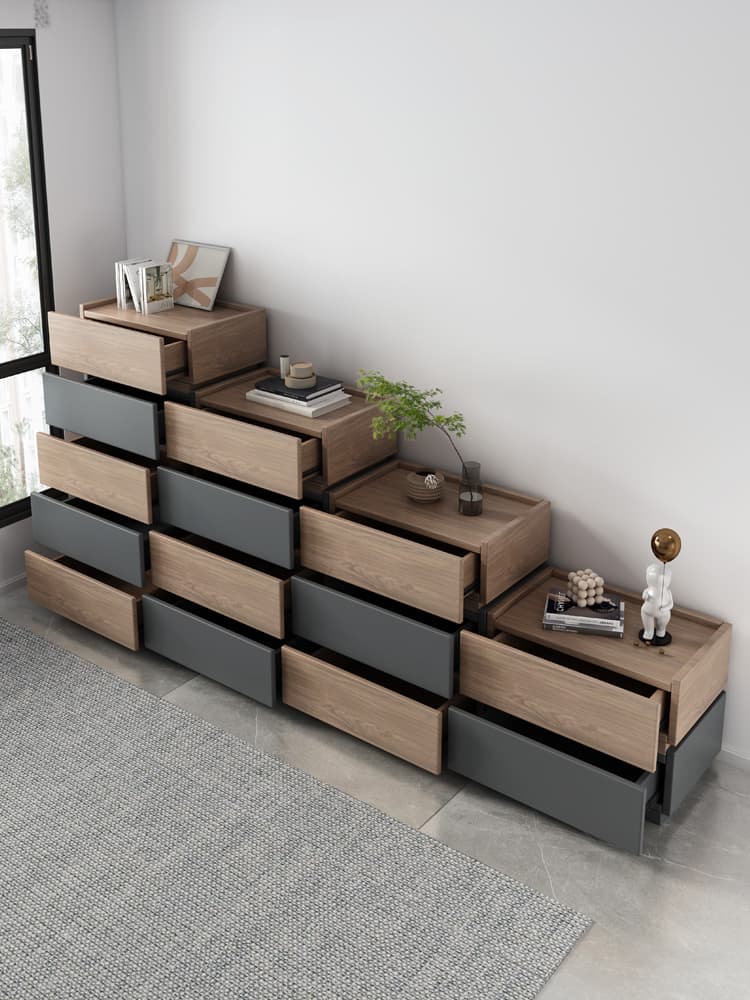 Gray Nordic Modern Minimalist Combination Cube Living Room Storage Cabinet Bedroom Three-Drawer Four-Drawer Five-Drawer Cabinet Wood-Colored Side Cabinet