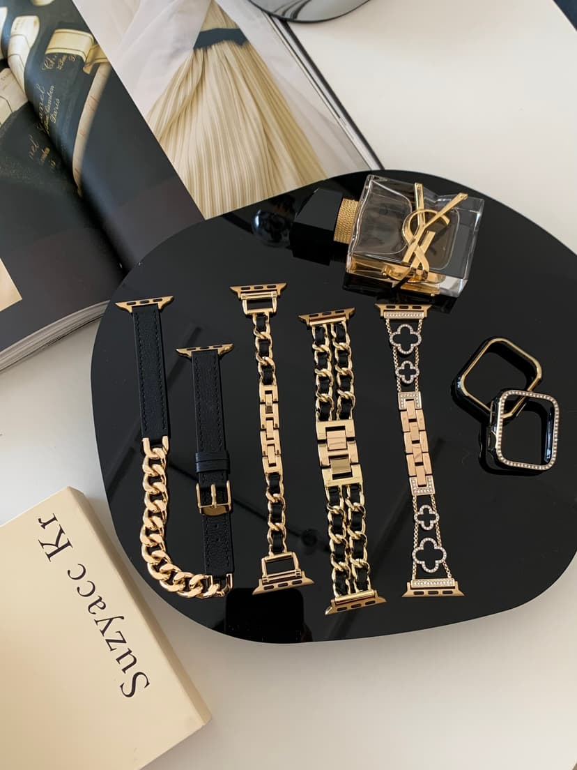 Black Gold Series Genuine Leather Metal Watch Strap Suitable for Apple Watch 10, Apple Watch 11, Se, 9, 8, 7, 6, Chanel Style