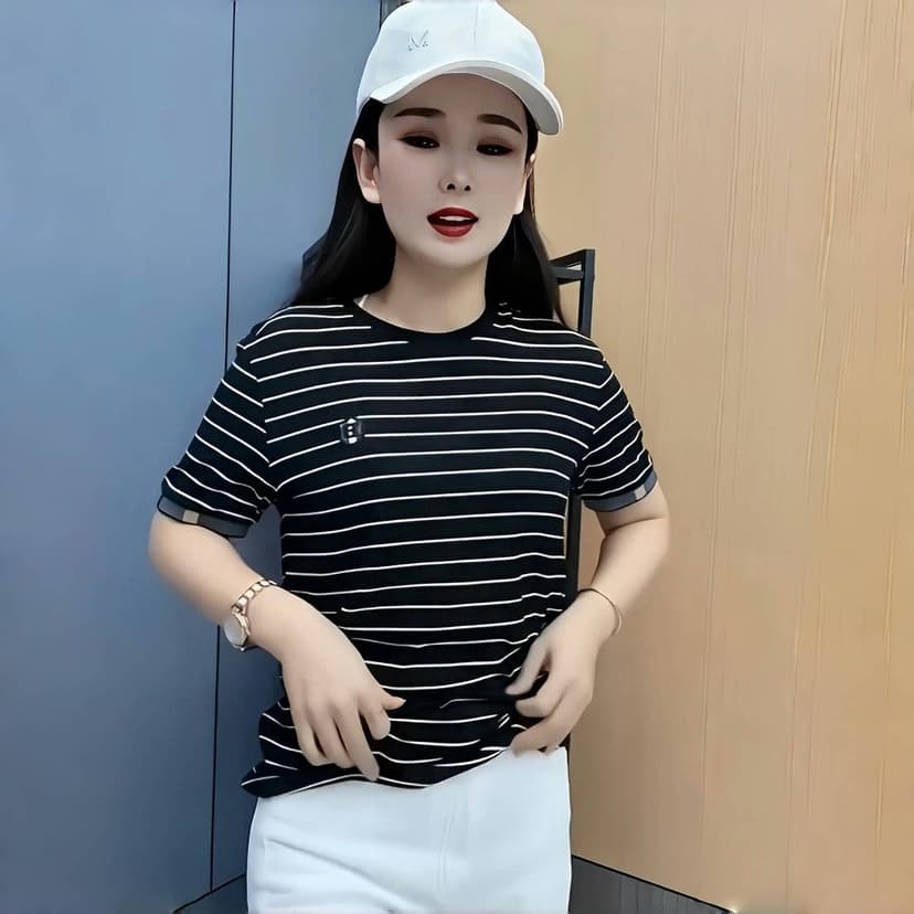 2025 Autumn Season New Men's Short Sleeve T-Shirt High-End Round Neck Striped Casual Versatile Half Sleeve