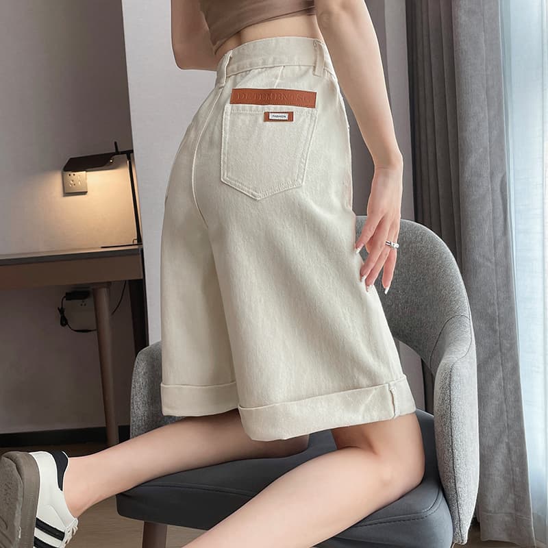 White Denim Shorts for Women, Loose Fit, Trendy Summer Thin Style, Pear-Shaped Body, High-Waisted, Slimming, Cuffed Wide-Leg Mid-Length Shorts