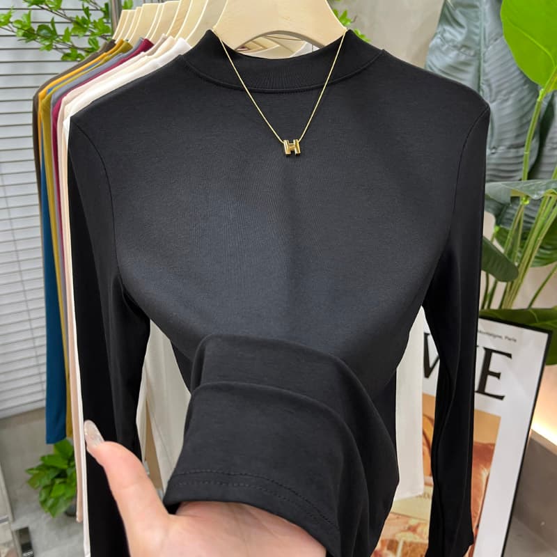 2024 New Women's Solid Color Fashionable Versatile Slim-Fit Base Shirt T-Shirt Spring and Autumn Mid-Neck Top Half-High Collar