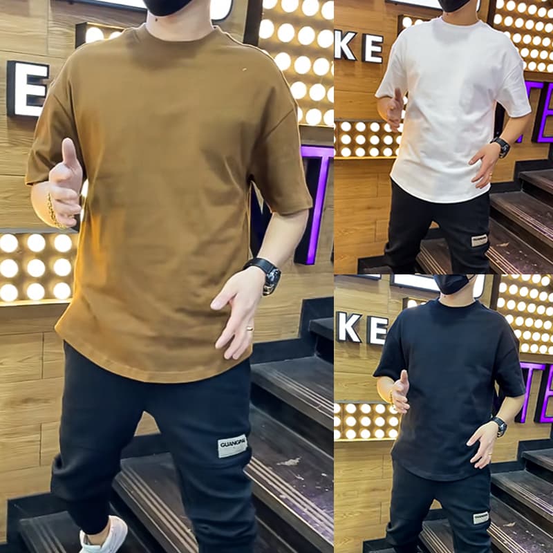 2025 Summer New Solid Color Short-Sleeve T-Shirt for Men, Trendy Korean Style, Simple Casual Half-Sleeve Loose Curved Hem T-Shirt