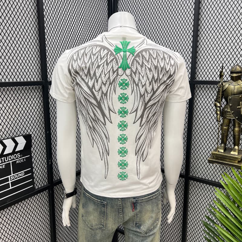 European Trendy Brand Mercerized Cotton Men's Summer New Style Back Wing Rhinestone European Style Personalized Short-Sleeve T-Shirt Trendy