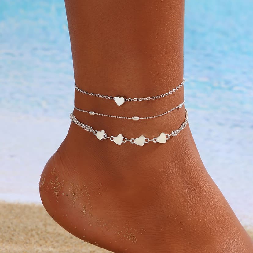 Summer Beach Love Anklet Summer Beach Round Bead Double-Layer Multi-Layer Heart-Shaped Peach Heart Anklet for Women
