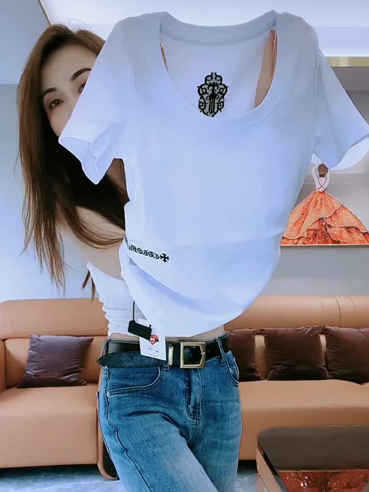 2024 Summer New Style Embroidered Letter U-Neck Pure Cotton Short-Sleeved T-Shirt for Women, Slim Fit, Elegant, Slimming, Versatile Casual Top