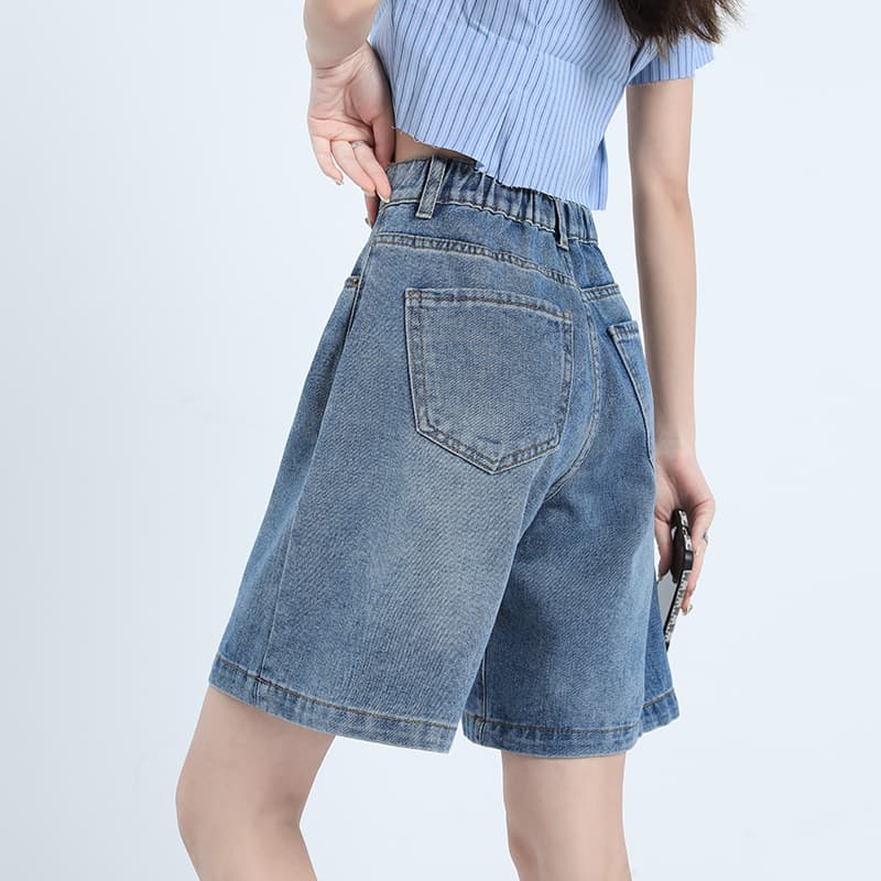 Women's Summer Thin High-Waisted A-Line Casual Straight Wide-Leg Denim Shorts with Elastic Waistband, 5-Point Length