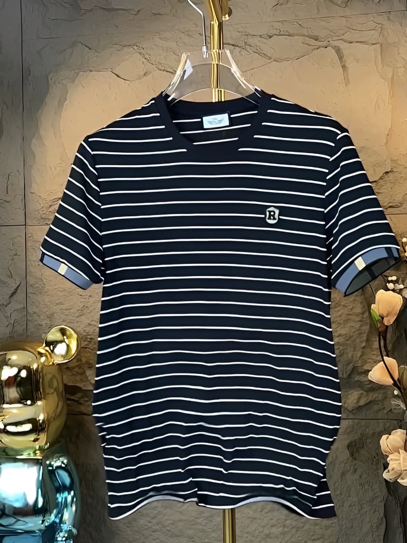 2025 New Autumn Men's Fashion Versatile T-Shirt Trendy Personality Striped Short-Sleeve Comfortable Stylish Crew Neck Short Sleeve