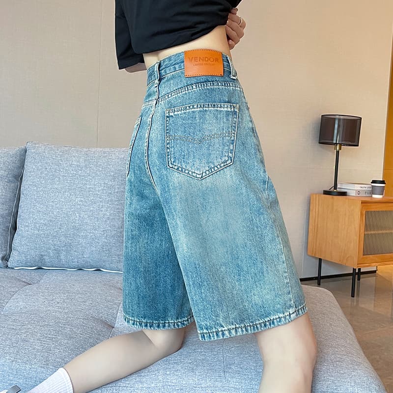 Five-Point Denim Wide-Leg Pants for Women, 2025 Summer Thin High-Waisted Loose Fit for Pear-Shaped Body, A-Line Shorts, Straight-Leg Breeches