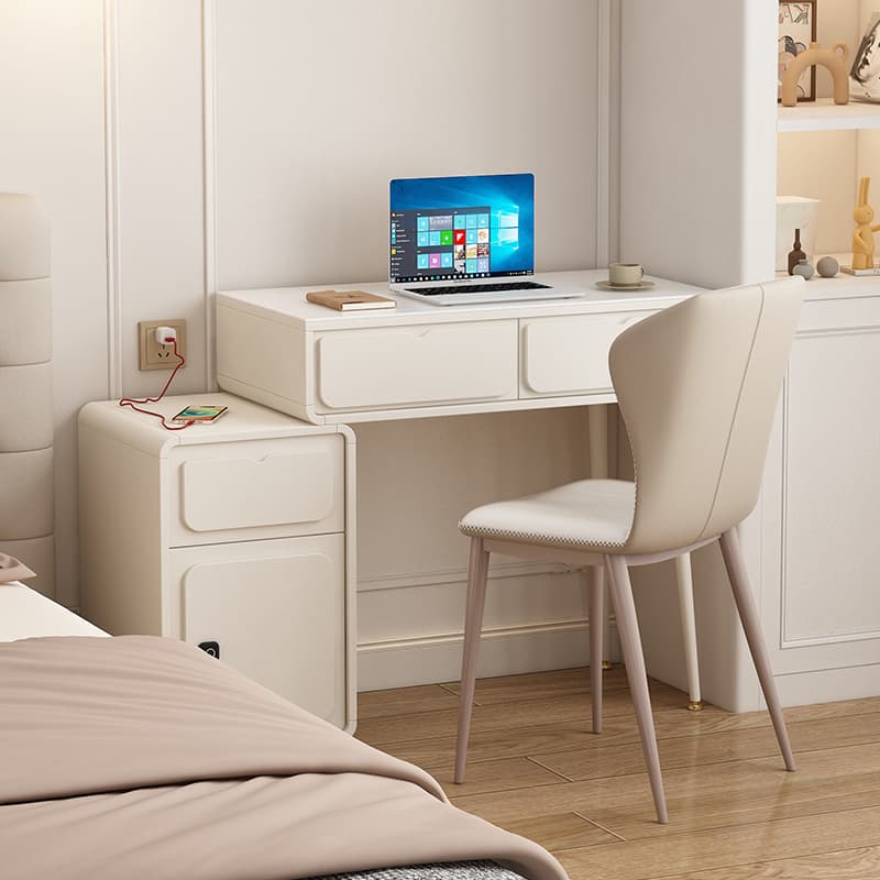 French-Style Cream-Colored Desk with Integrated Storage Cabinet for Small Bedrooms, Modern and Simple, Extendable Student Study Desk Cabinet