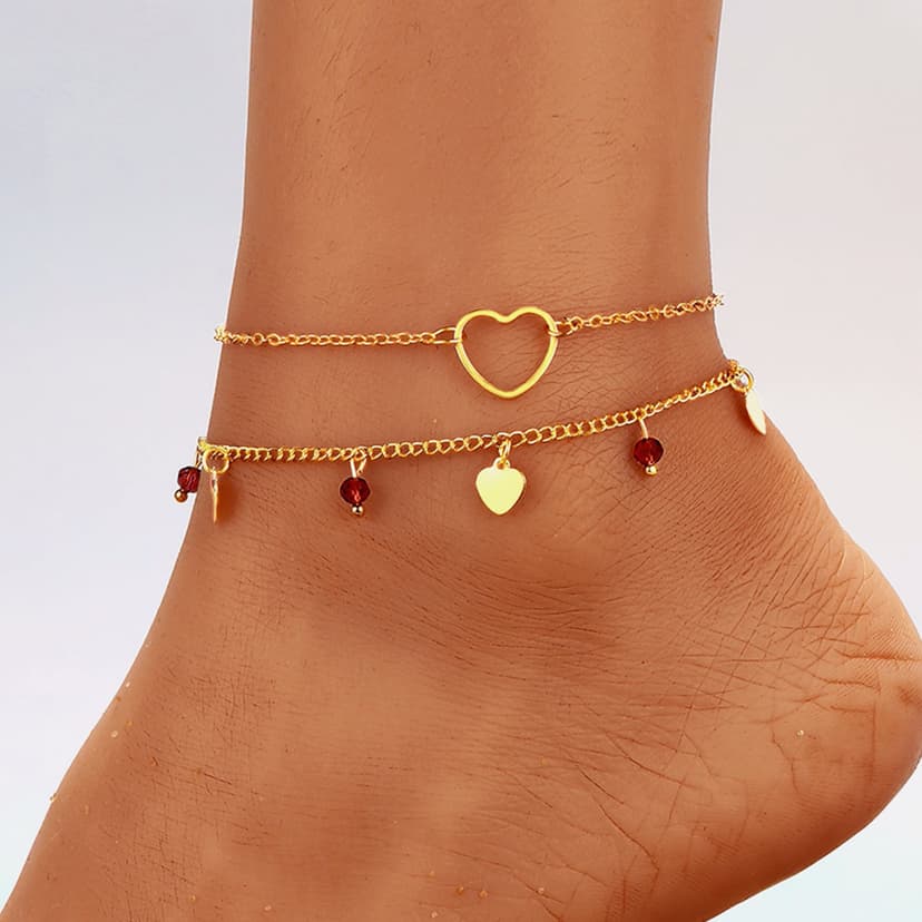 2 Pieces Tassel Anklet Set Double-Layered Anklet with Hollow Heart Sequins and Tassels 2-Piece Set