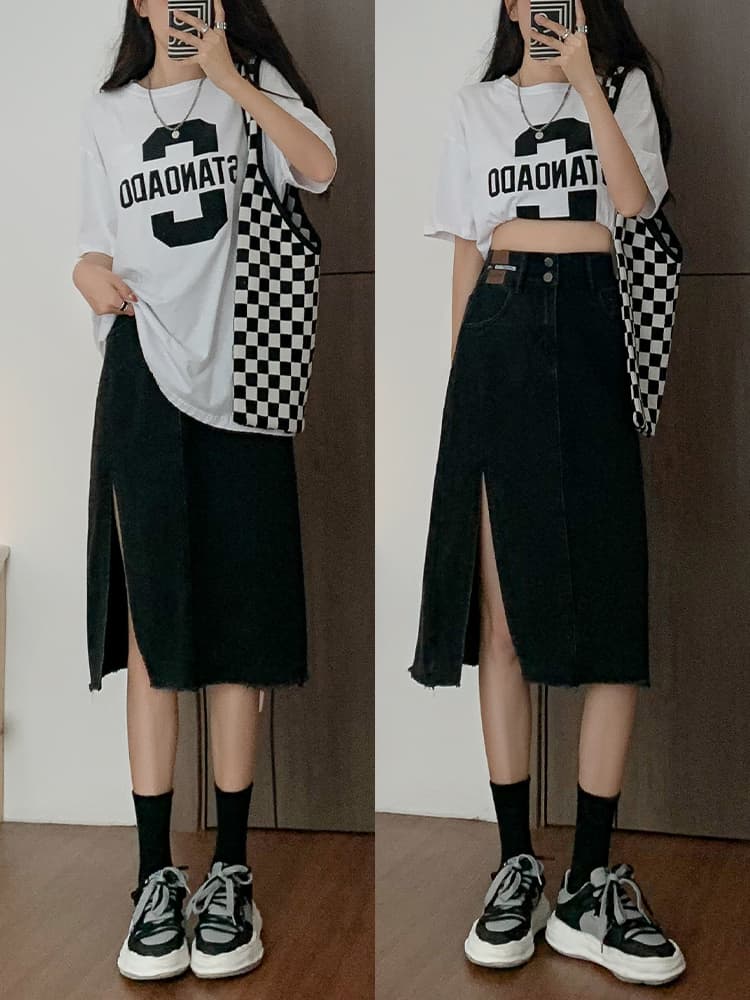 Hot Girl Side-Slit Denim Skirt for Women, Spring and Summer 2024 New High-Waisted Slimming Hip-Covering Plus-Size Mid-Length Skirt