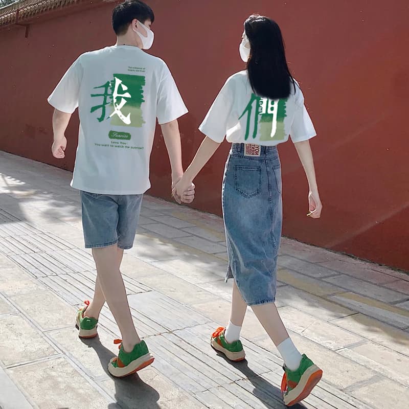Chinese Valentine's Day Couple Outfits Summer T-Shirts One for Men and One for Women 2025 New Trendy Pure Cotton Summer Short-Sleeved Clothes