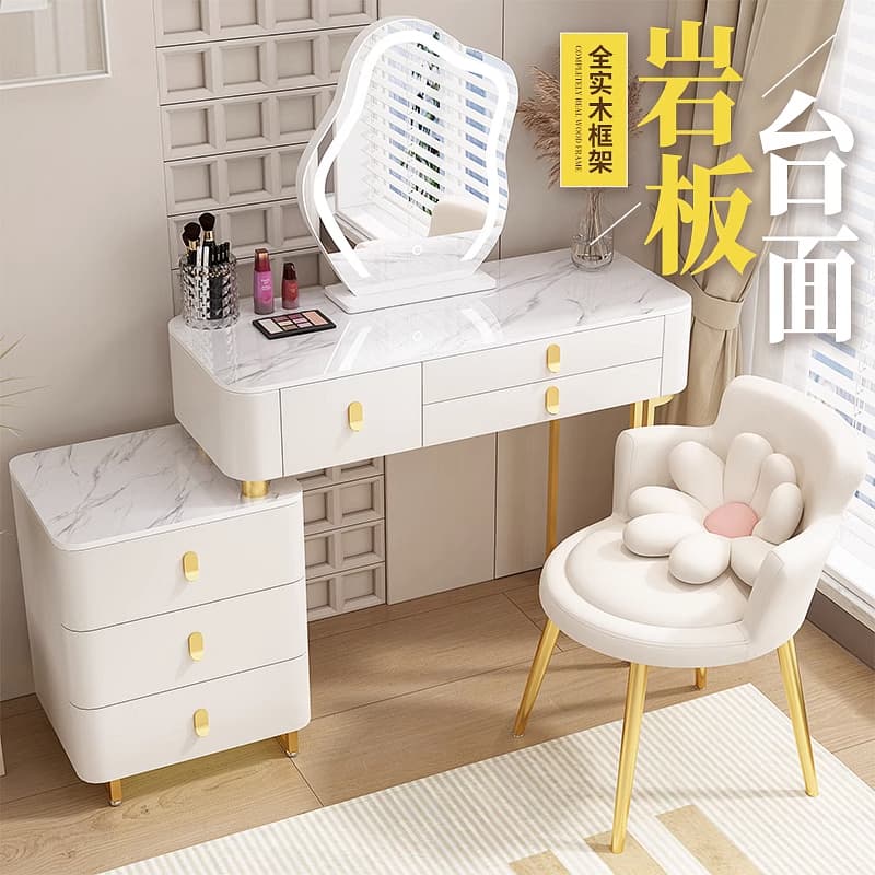 Chest of Drawers and Dressing Table Integrated Bedroom Modern Minimalist Small Apartment Light Luxury Cream Style Solid Wood Dressing Table with Slate Tabletop
