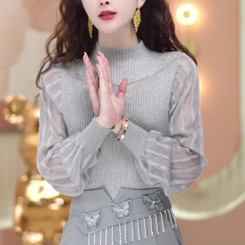 European Goods 2025 Autumn New Style Elegant Top for Women, High-End Half-High Collar, Heavy-Duty Rhinestone Pullover Long-Sleeve Knitwear