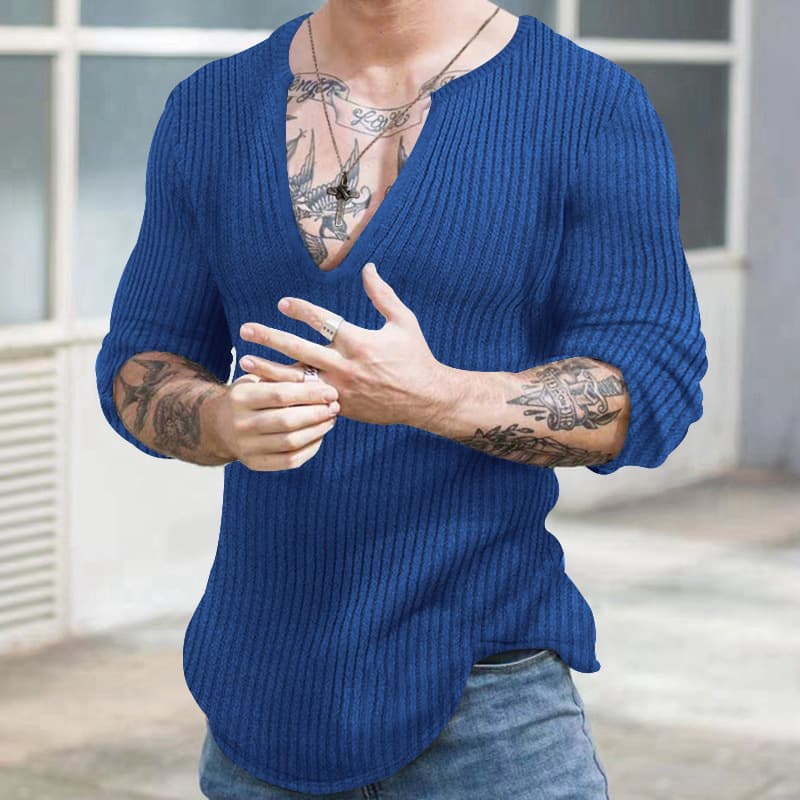 2025 Autumn European and American Men's V-Neck Slim-Fit Long-Sleeve Sweater Solid Color Knit Base Shirt Men's Knitwear