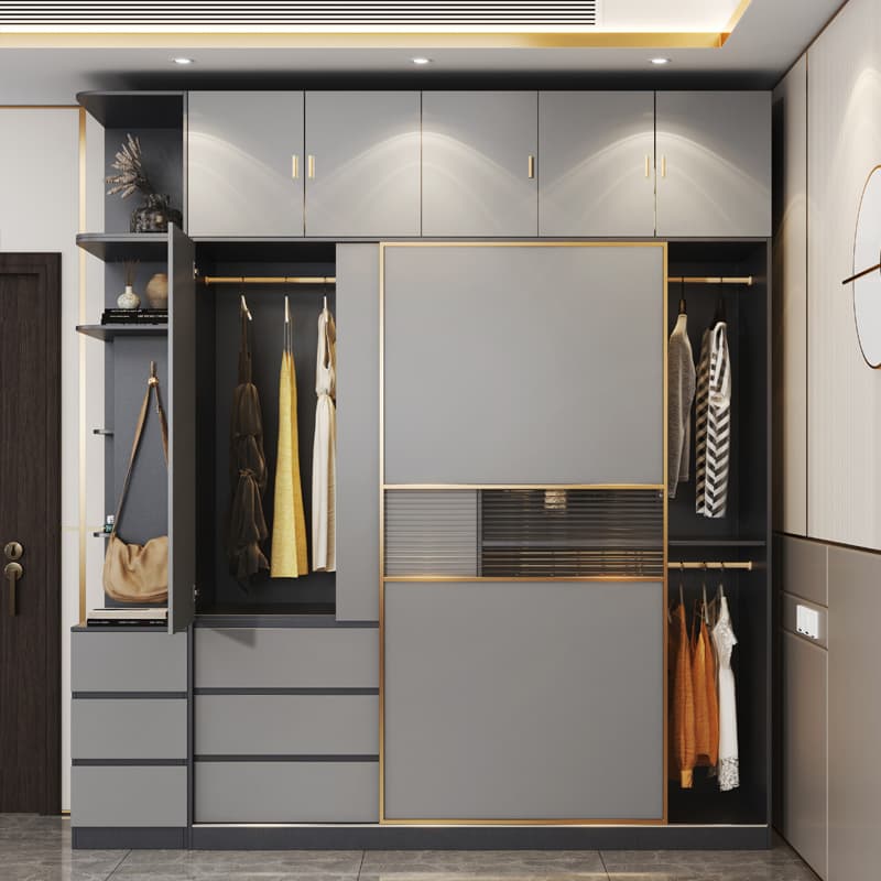 Gray Cloth Sliding Door Wardrobe Bedroom Home Sliding Door Cabinet Nordic Modern Simple Overall Sliding Door Cabinet